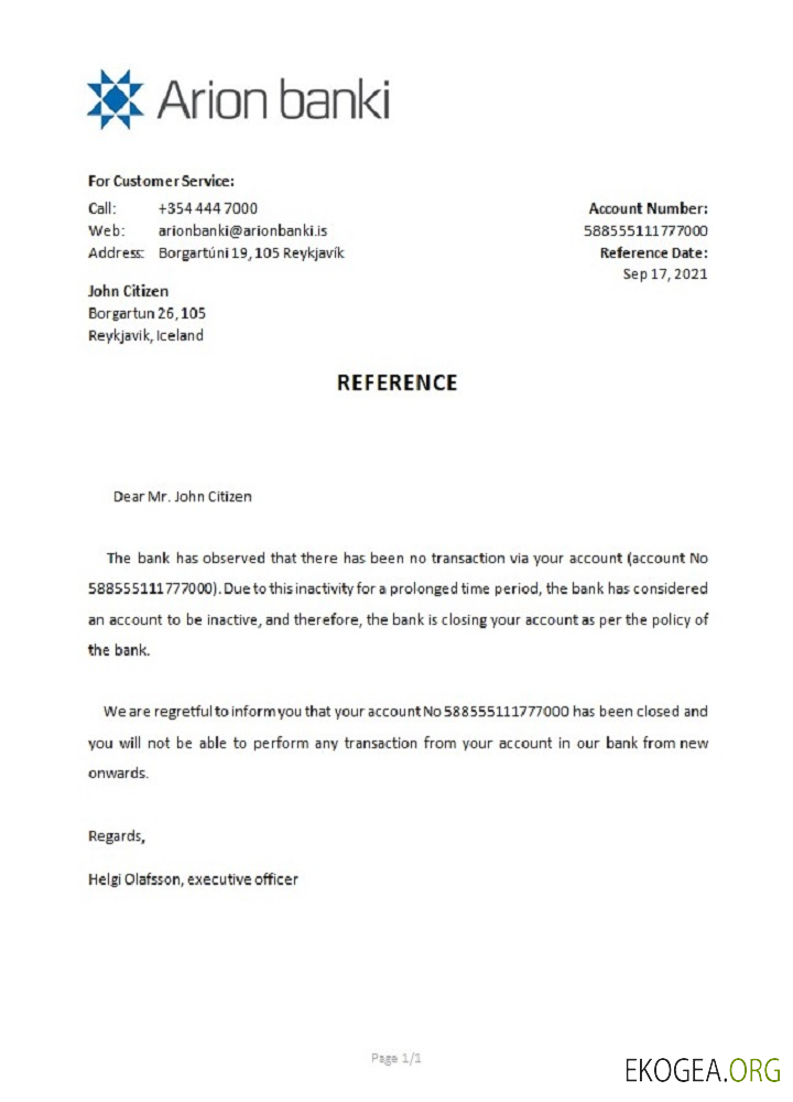 Islande , Arion Bank , closure référence